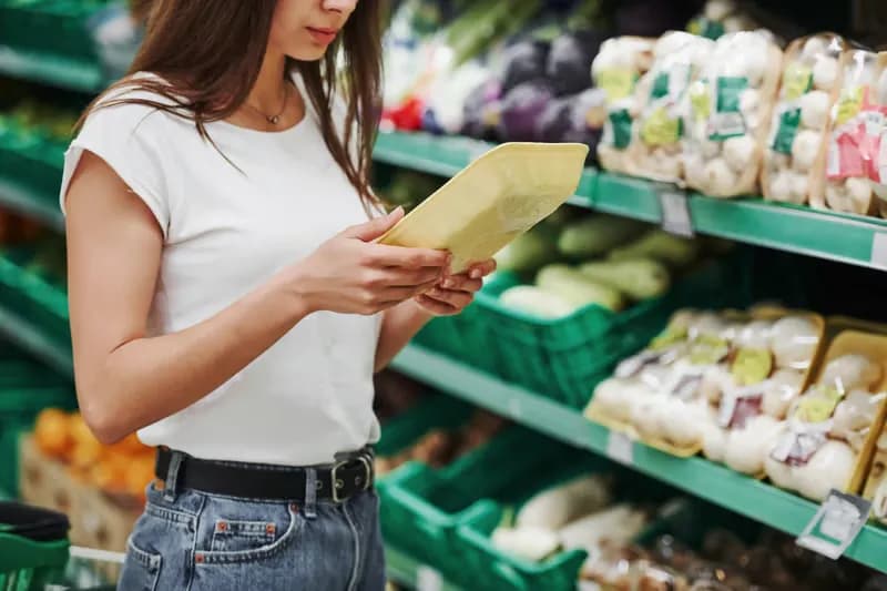 Shopper checking a package in a fresh produce aisle