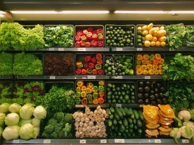 Fresh produce on market shelves