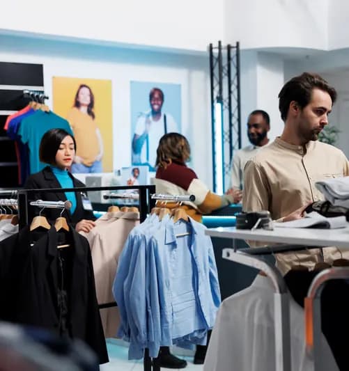 Shoppers and staff browsing clothing racks in a retail store