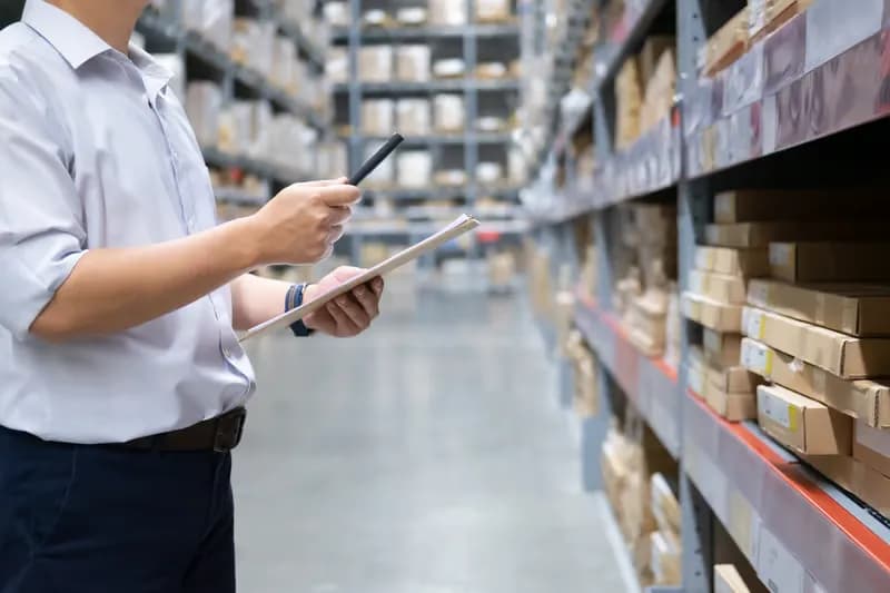 Warehouse worker checking stock on a tablet between shelving